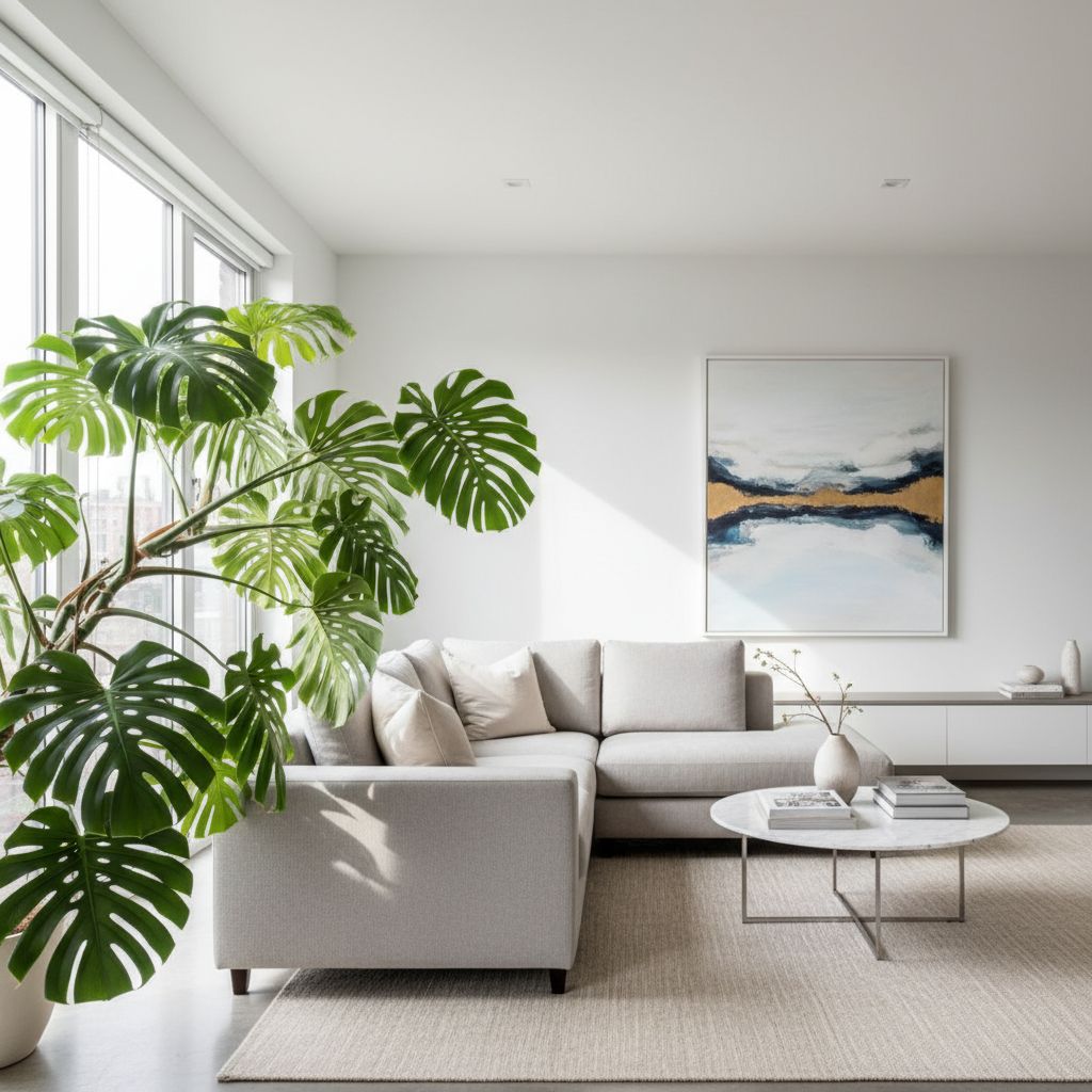 Un salon lumineux et moderne avec une grande plante Monstera Deliciosa près d'une fenêtre, illustrant un choix de plante pour un espace ensoleillé.