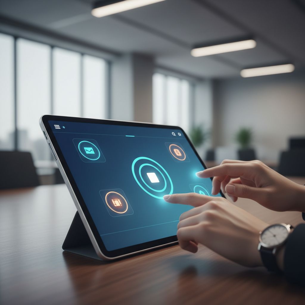 Illustration conceptuelle d'un utilisateur interagissant avec différentes fonctionnalités d'une application sur un écran, avec des icônes symbolisant l'engagement et la découverte.