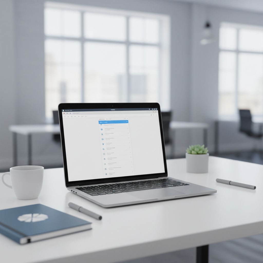 Un bureau de travail moderne et épuré avec un ordinateur portable affichant une boîte de réception d'emails, symbolisant une stratégie d'emailing organisée et professionnelle.