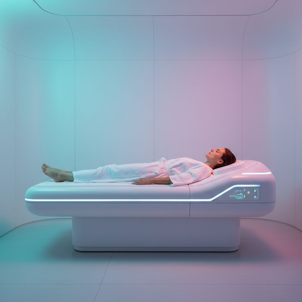 Une personne est allongée les yeux fermés dans une salle de soins high-tech, baignée d'une lumière colorée douce, illustrant une séance de chromothérapie ou de Spa Wave.