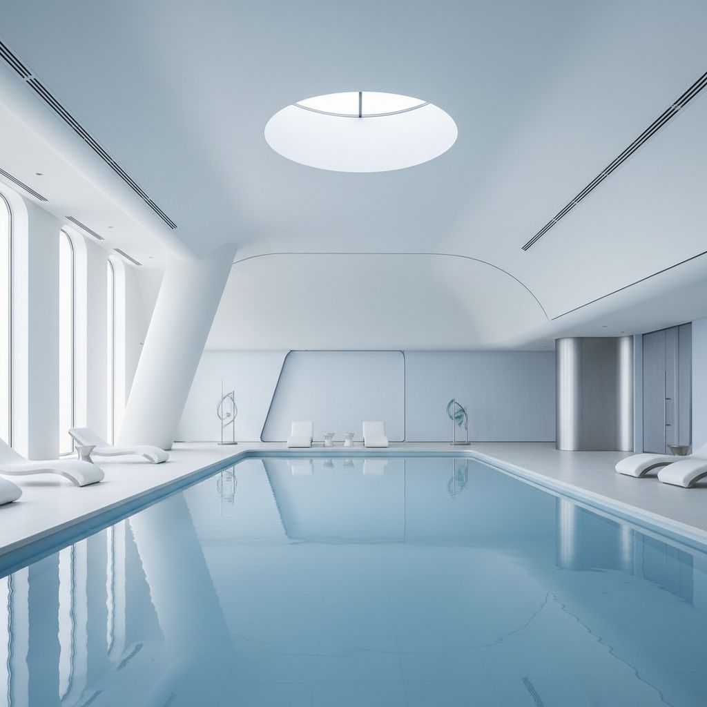 L'intérieur d'un spa de luxe, à la fois futuriste et épuré. La piscine, calme, réfléchit une lumière naturelle douce qui symbolise bien le mélange de sérénité et d'innovation de la Clinique La Prairie.