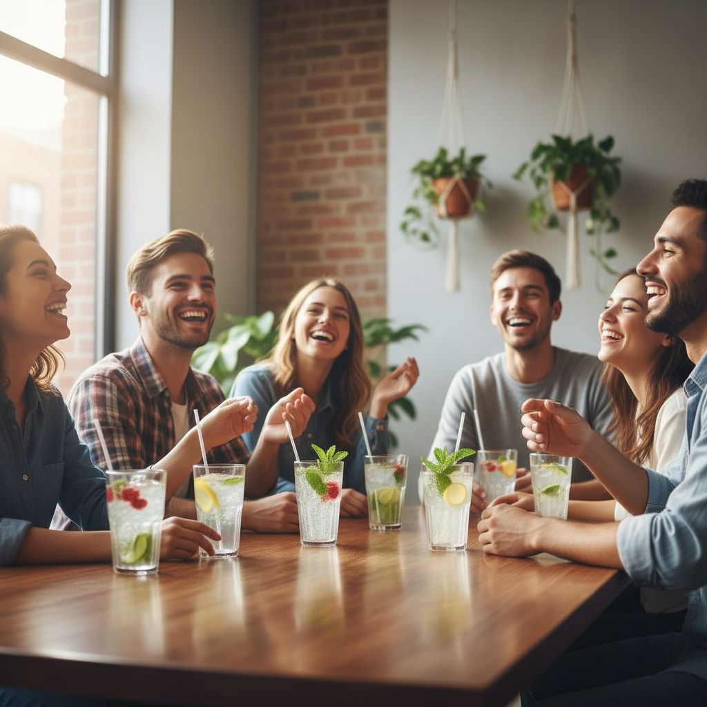 Un groupe d'amis profitant d'un moment convivial dans un café. Les verres pétillants sont au centre de leurs discussions animées, un pur instant de détente et de partage.