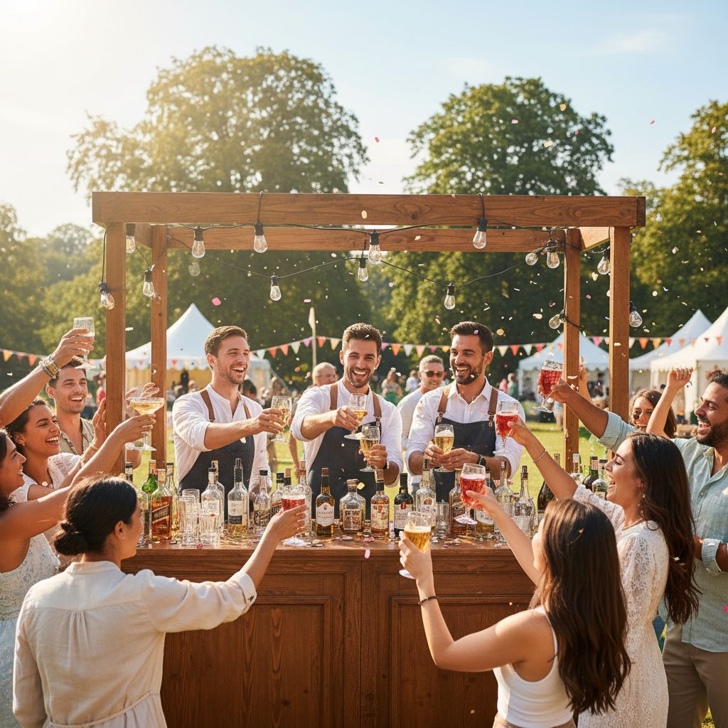Scène animée d'un stand de boissons lors d'un festival en plein air, avec des barmans souriants servant des boissons pétillantes à une foule joyeuse sous un ciel ensoleillé.