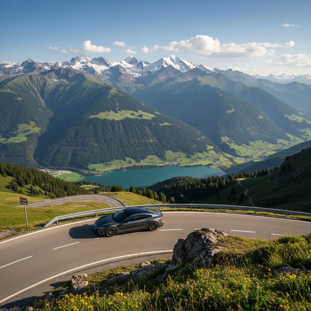 Une voiture moderne traversant un col de montagne pittoresque, avec les Alpes suisses en arrière-plan, symbolisant le voyage de Lausanne vers l