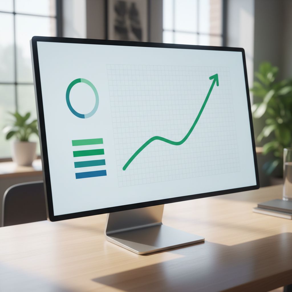 A clean, modern dashboard interface showing a graph with a line trending upwards, representing SEO growth and more website traffic.