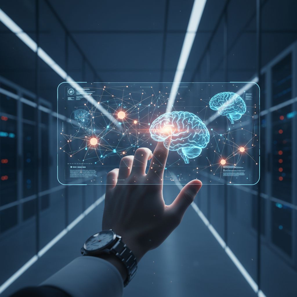 A futuristic, abstract image that shows where human creativity and artificial intelligence meet, with glowing neural networks and a human silhouette.