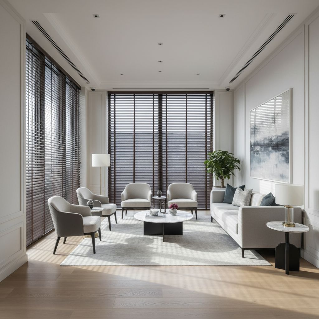 Un salon luxueux et lumineux avec de grands stores vénitiens en bois sombre, projetant des ombres douces sur un parquet en chêne clair.