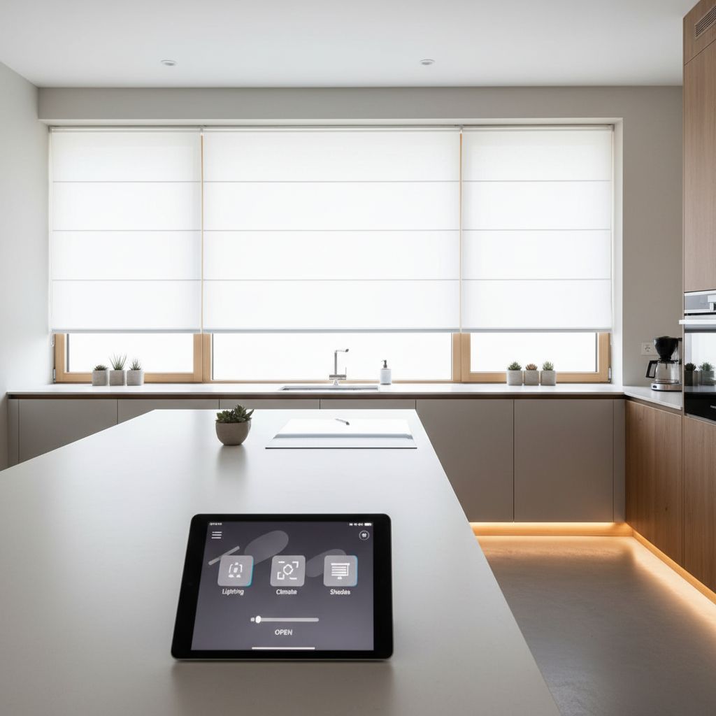 Une cuisine moderne et épurée avec de grands stores enrouleurs motorisés blancs, intégrés dans un système de maison intelligente affiché sur une tablette.