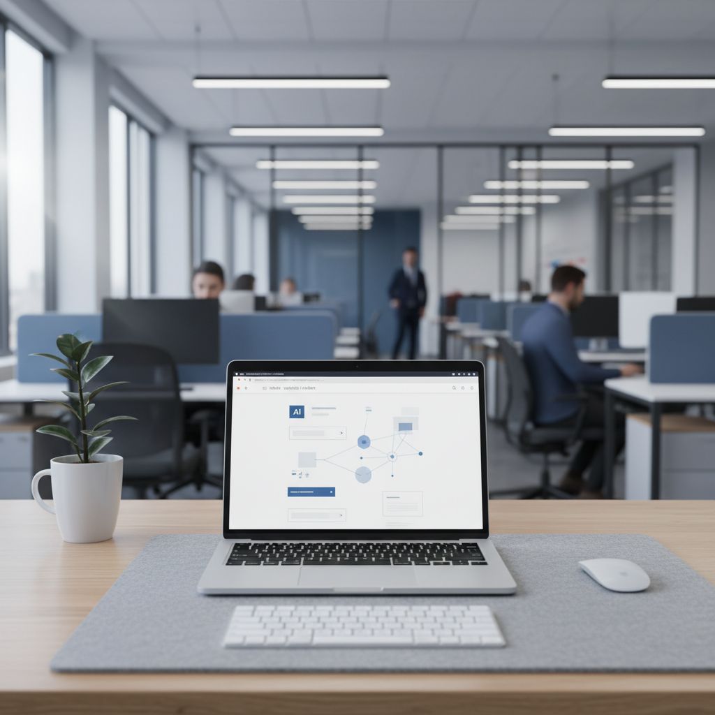 A clean, modern desk setup with a laptop showing a website builder, giving off a vibe of how easy it is to create a site with AI. The background is clean and professional.