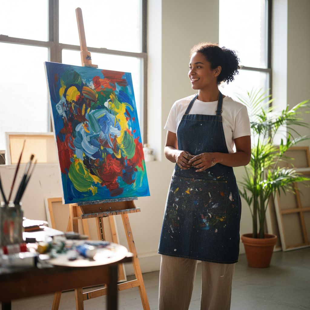 A painter in a sunlit studio, smiling at their colorful abstract canvas, feeling secure and creatively fulfilled.