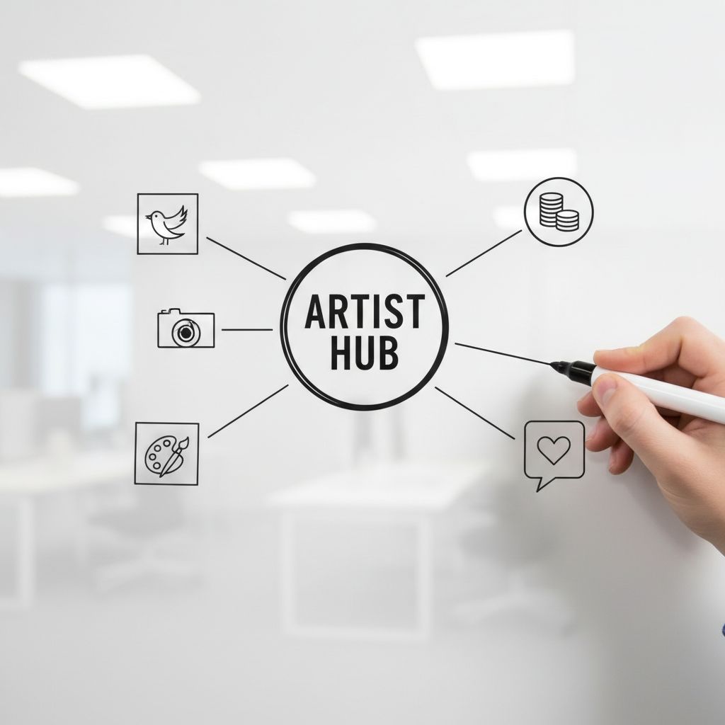 An intricate mind map or flowchart on a whiteboard showing different platforms (portfolio, social media, tipping) all connecting to a central artist hub.