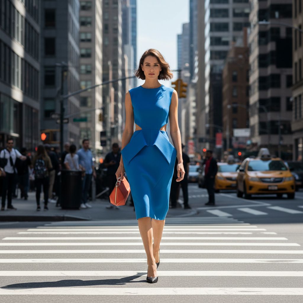 Une femme moderne et élégante en milieu urbain, portant une robe minimaliste et structurée de couleur vive, signée Heidi Merrick.