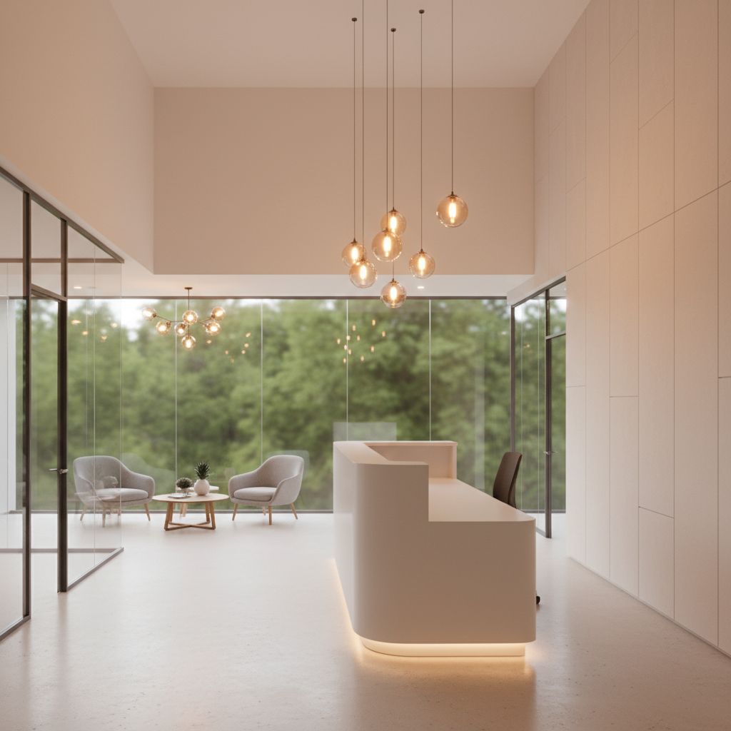 Voilà à quoi ressemble une réception de bureau après une rénovation complète : accueillante, lumineuse, avec un comptoir moderne et des murs clairs.