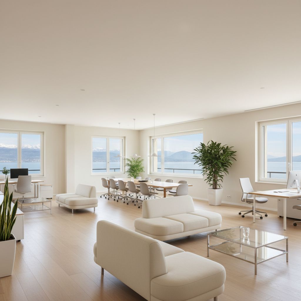 Un bureau commercial moderne et lumineux à Genève, avec des murs fraîchement peints dans des tons neutres et élégants, mettant en valeur un mobilier design.