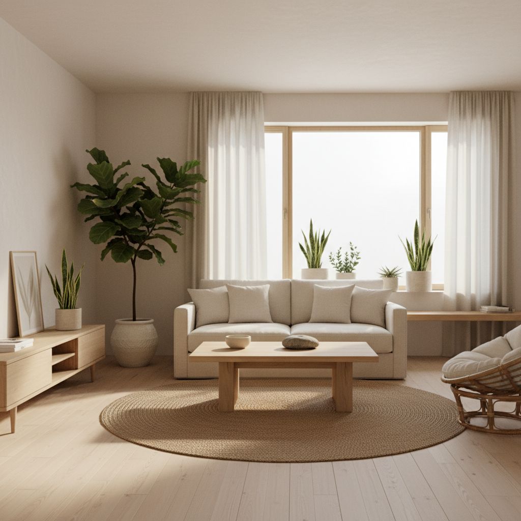 Un intérieur de salon élégant et minimaliste de style Japandi, avec des meubles en bois clair, des plantes vertes et une lumière naturelle abondante.