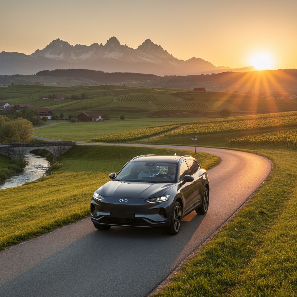 Une voiture familiale moderne roulant sur une route de campagne pittoresque au lever du soleil, symbolisant un départ de voyage agréable entre la Suisse et la France.