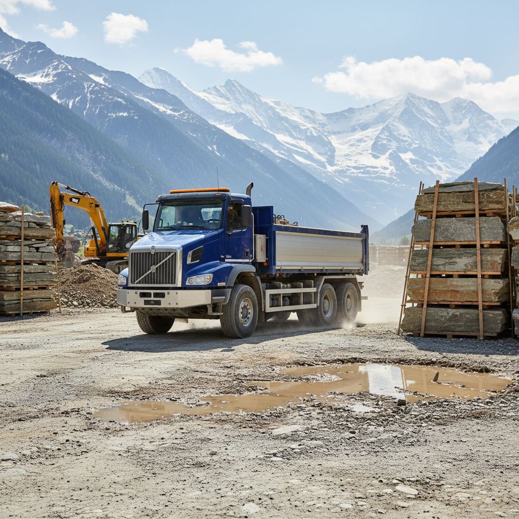 Un camion de livraison manœuvrant avec précaution sur un chantier de construction en Suisse, avec en arrière-plan des palettes de dalles de pierre naturelle prêtes à être déchargées.
