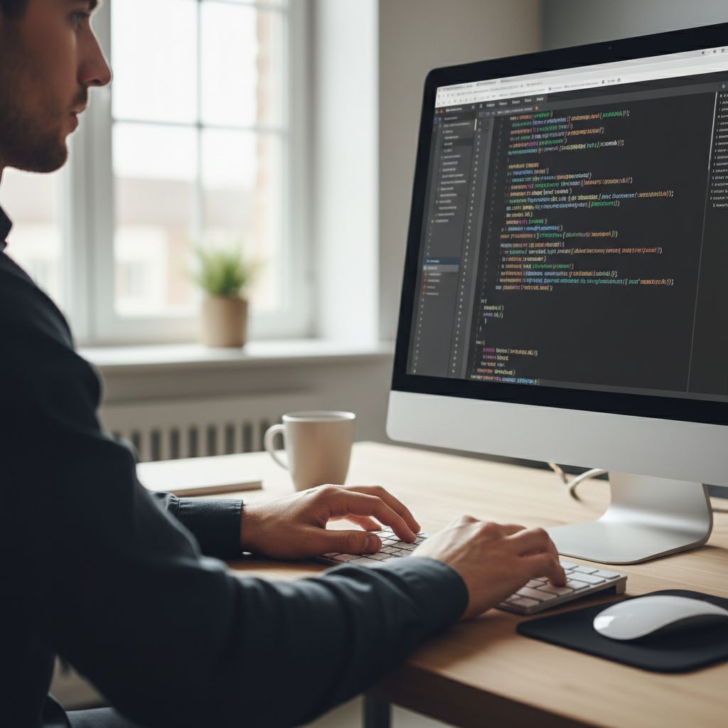 Un développeur web concentré codant sur un écran affichant du code PHP, avec un éclairage d