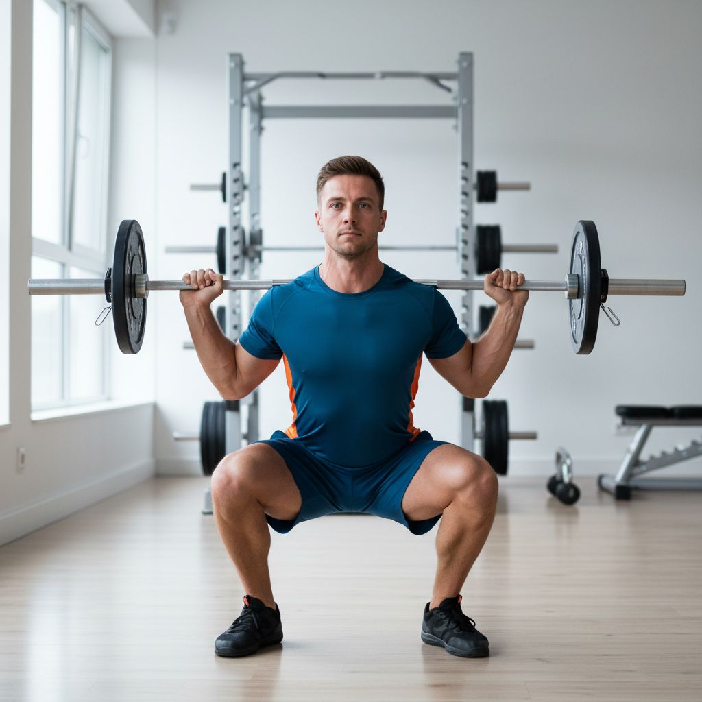 Un athlète masculin effectuant un squat profond avec une posture parfaite dans une salle de sport moderne et lumineuse, mettant en valeur la mobilité des hanches et des chevilles.