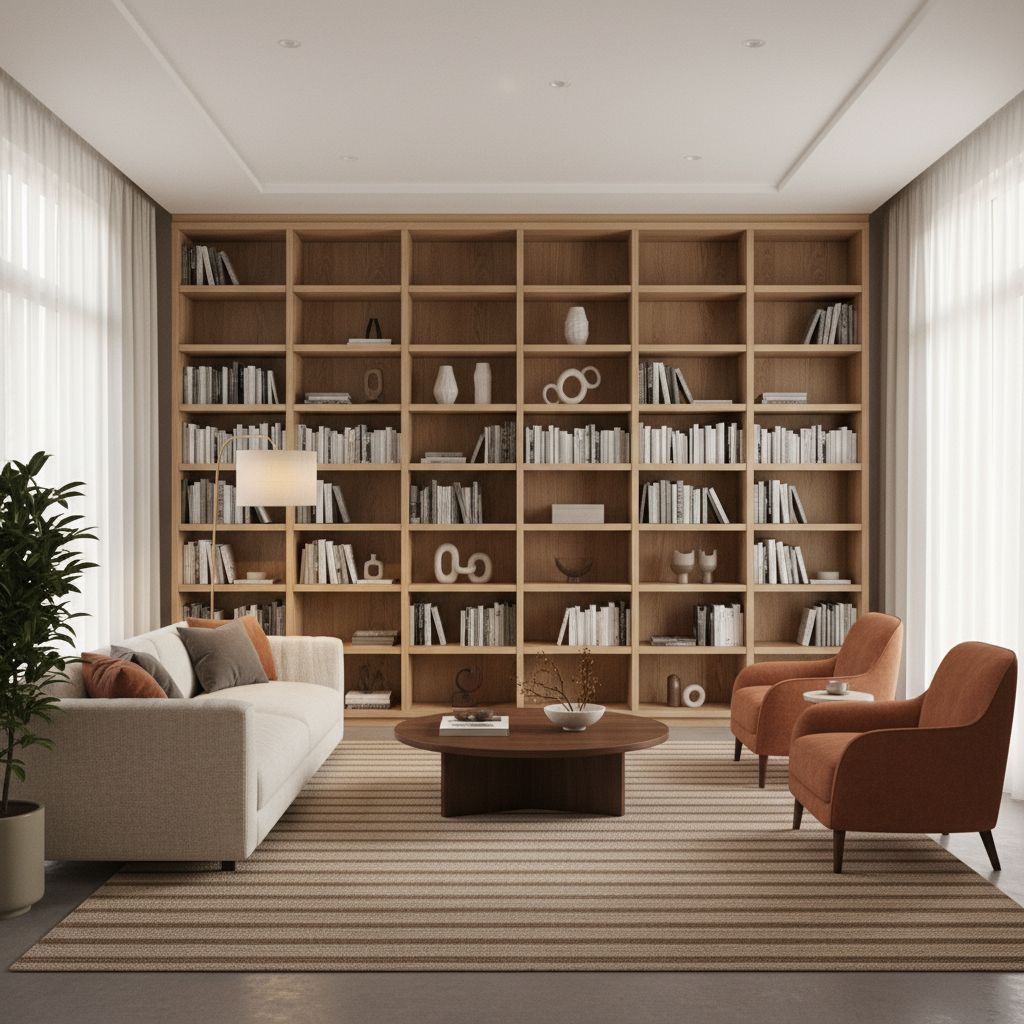 Un salon élégant avec une bibliothèque sur mesure parfaitement intégrée au mur, mettant en valeur l