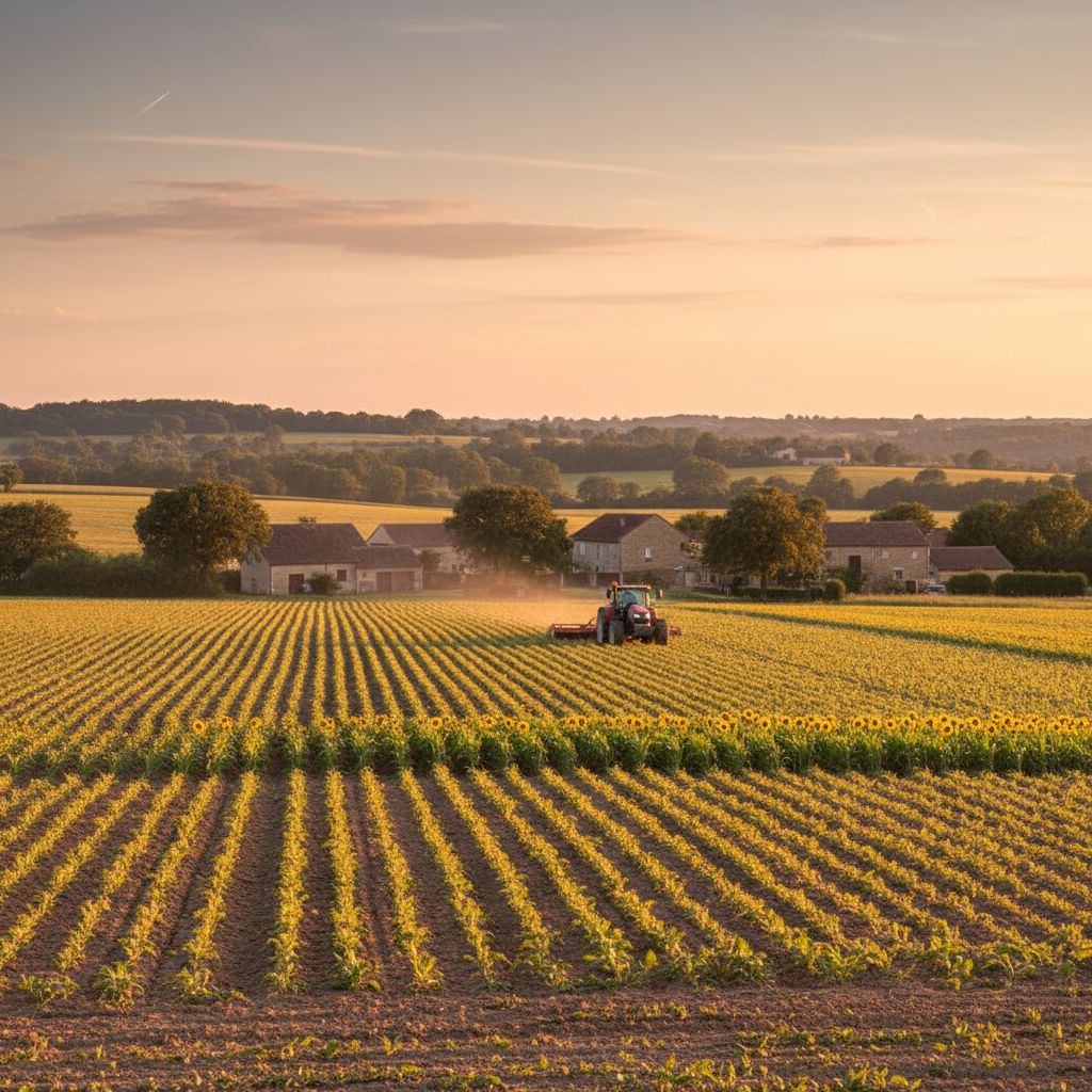 Un champ agricole ensoleillé en Dordogne avec un tracteur au loin, illustrant le cadre de travail des professionnels de la région.