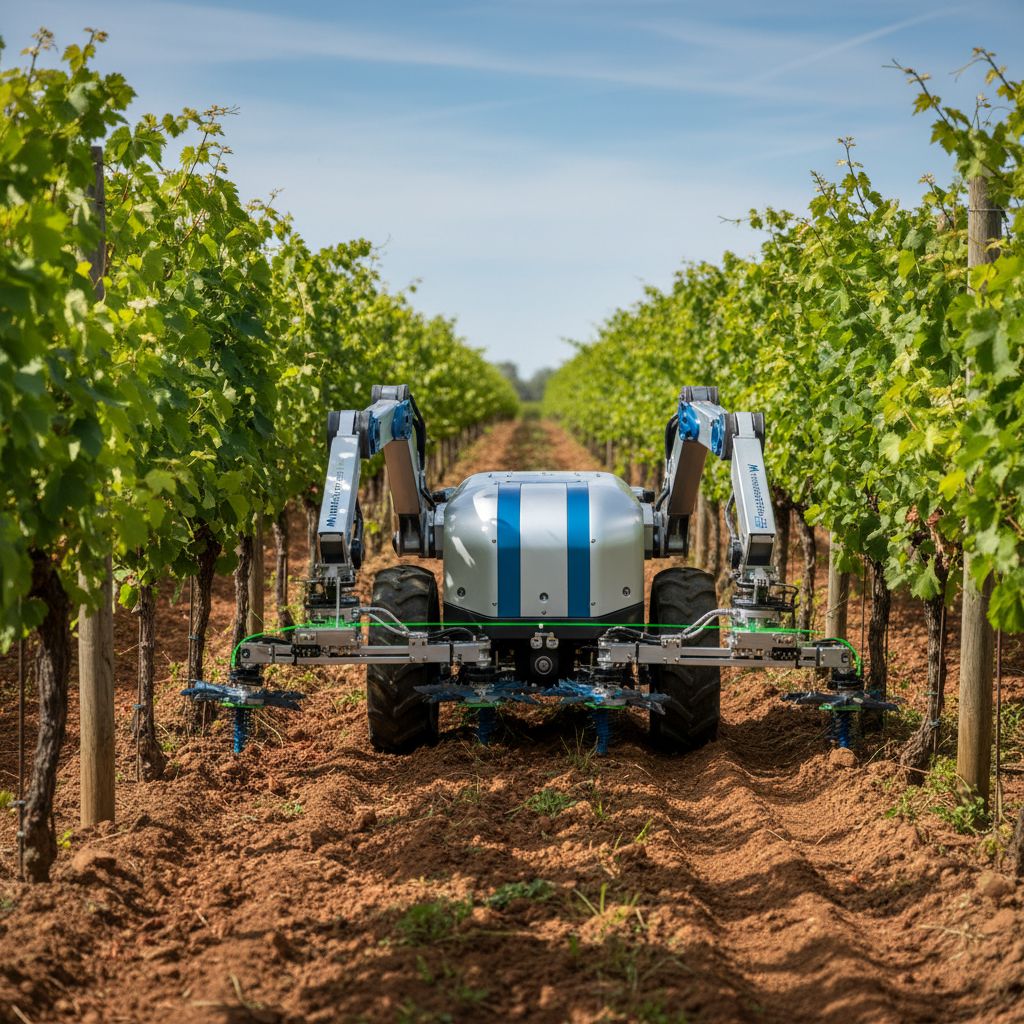 Une machine de désherbage innovante de MMEnvironnement en action dans un vignoble, montrant la précision et la technologie.