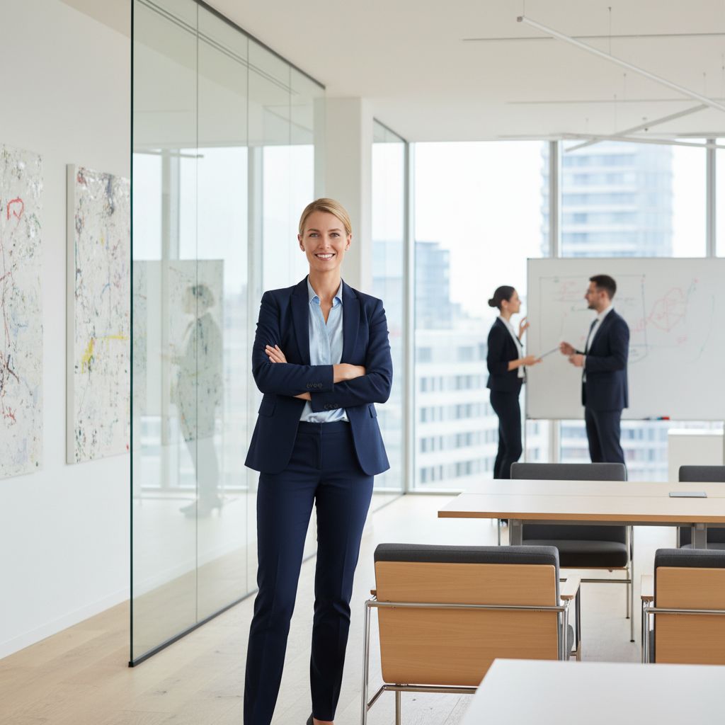 Un professionnel confiant en voyage d'affaires dans un bureau moderne en Allemagne, symbolisant une communication réussie.