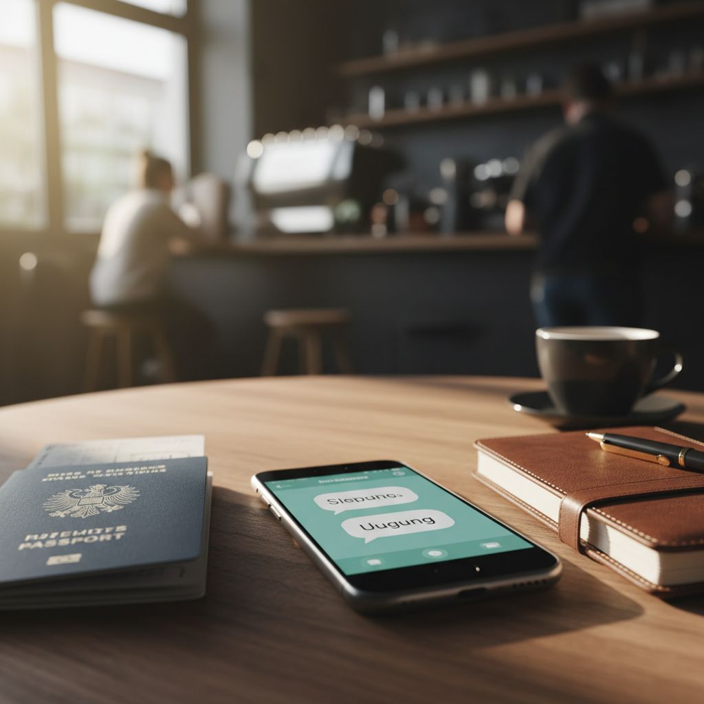Un smartphone avec une application de guide de conversation en allemand, posé sur une table de café à côté d'un carnet et d'un passeport.