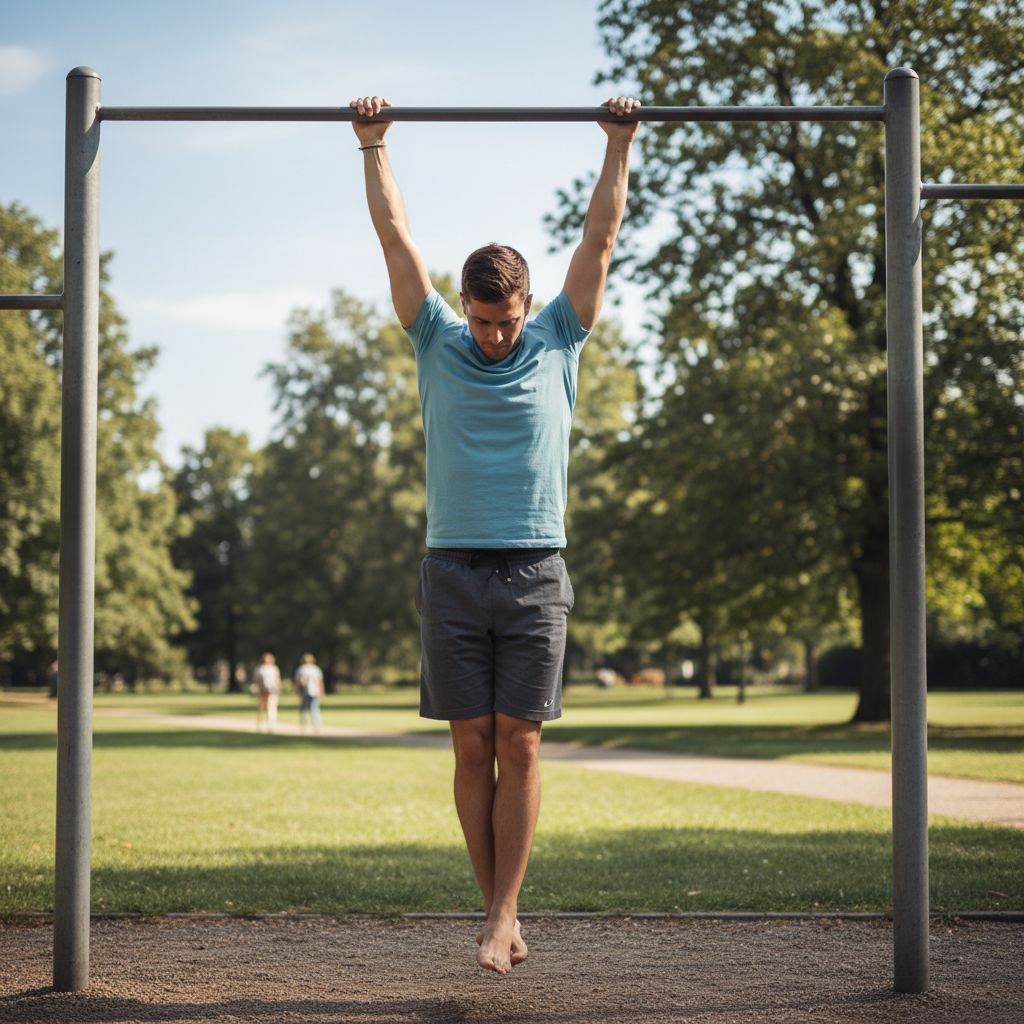 Un homme suspendu passivement à une barre de traction dans un parc, le corps complètement détendu pour étirer les épaules.