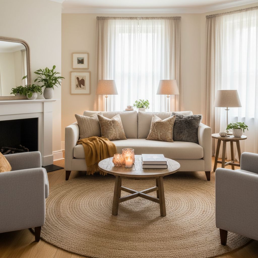 L'image d'un salon élégant et chaleureux : on y voit un canapé invitant, des coussins aux textures variées et un éclairage tamisé, l'exemple parfait d'une déco réussie.