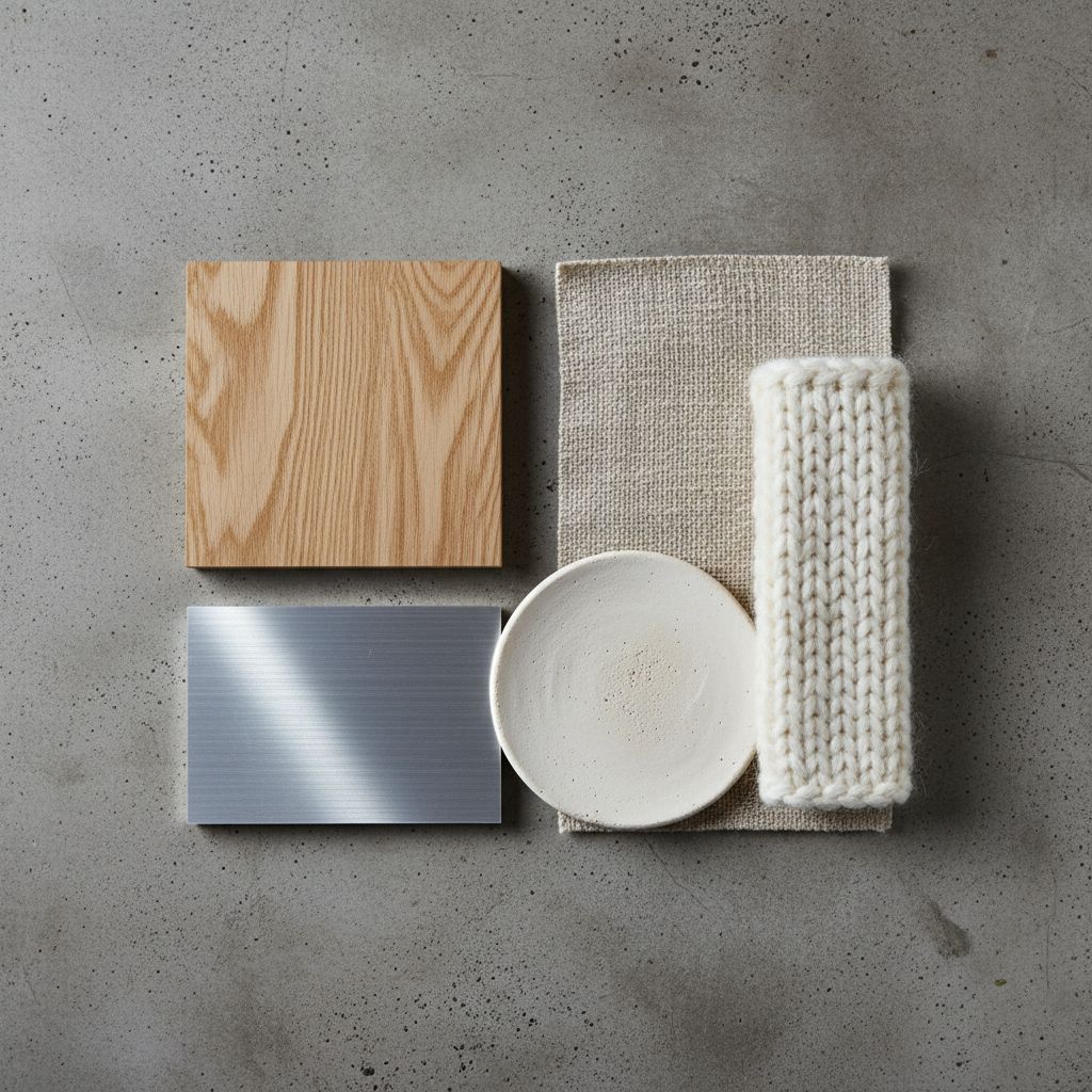 Une palette de textures avec des échantillons de bois, de métal, de céramique et de tissus naturels comme le lin et la laine, disposés harmonieusement.