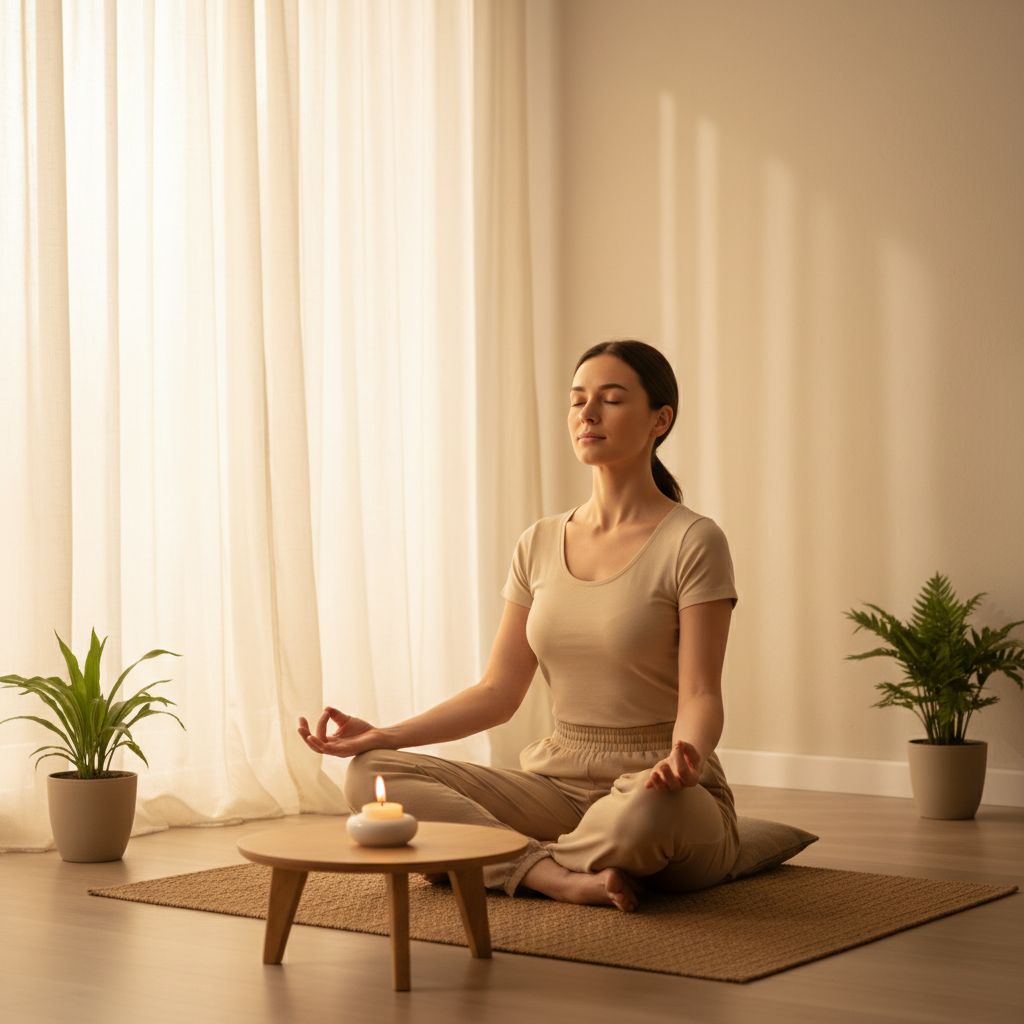 Une femme prend un moment pour elle, assise en tailleur, les yeux clos. Elle respire calmement, les mains posées sur ses genoux, dans une pièce baignée de lumière qui inspire la sérénité.