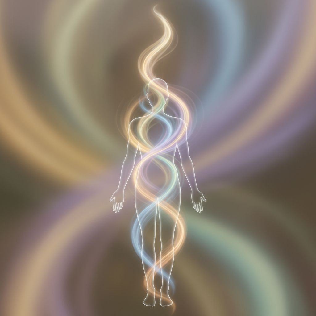 Image abstraite de flux d'énergie colorés et doux, symbolisant la libération émotionnelle et le retour de la vitalité dans le corps.