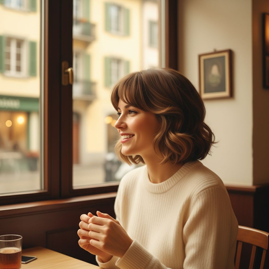 Une femme souriante avec une nouvelle coupe de cheveux stylée, regardant par la fenêtre d'un café à Lausanne, avec une lumière douce et naturelle.