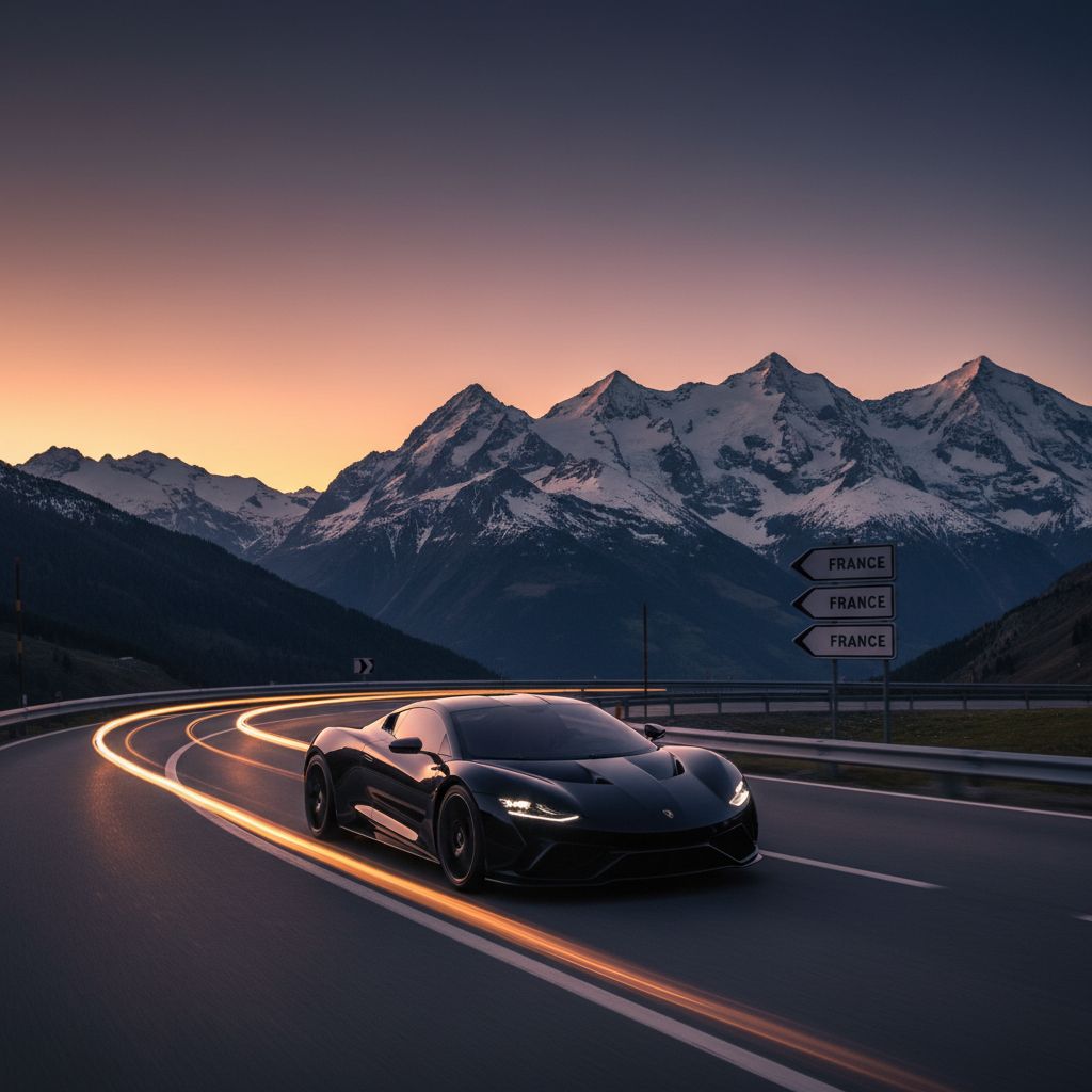 Une voiture de sport noire sur une route sinueuse au crépuscule, avec les montagnes suisses en arrière-plan et des panneaux indiquant la direction de la France.