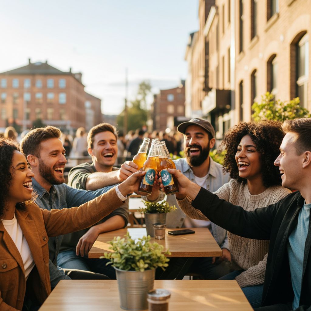 Un groupe de jeunes amis trinquant avec des bouteilles de Grano Maté sur la terrasse ensoleillée d'un café urbain.
