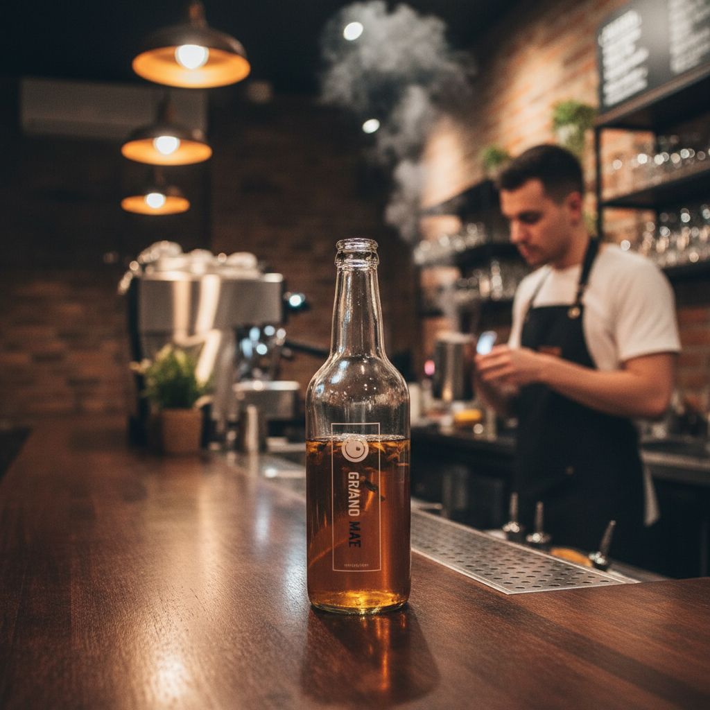 Une bouteille de Grano Maté posée sur le comptoir d'un bar branché et lumineux, avec en arrière-plan un barista préparant une boisson. L'ambiance est conviviale et moderne.