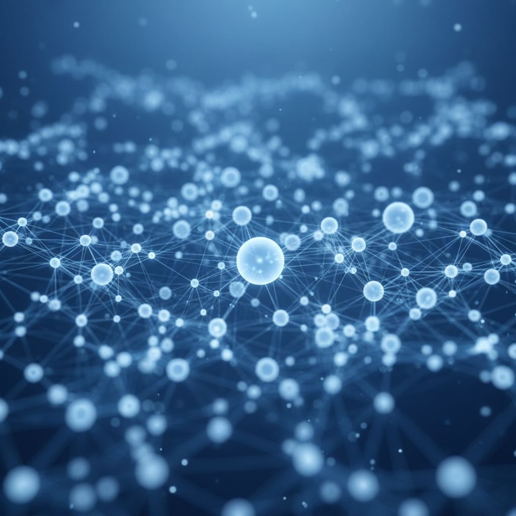 An abstract digital art image showing glowing nodes connected by lines, forming a complex and growing web. This represents the network effect of automated link building.