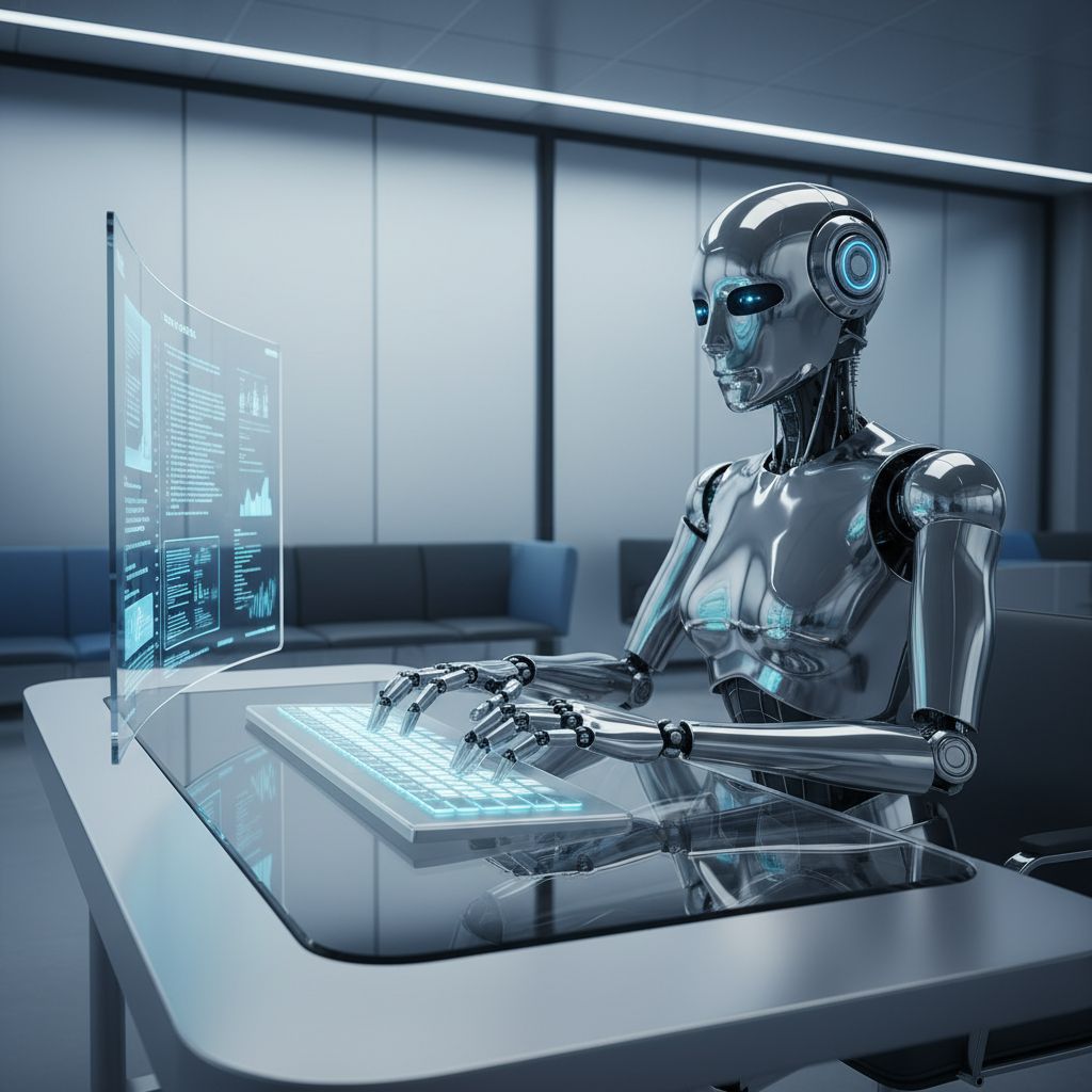 An AI robot typing away on a cool, futuristic keyboard. Você pode ver linhas de código e artigos fluindo para uma tela próxima, capturando perfeitamente a ideia de criação de conteúdo automatizada.