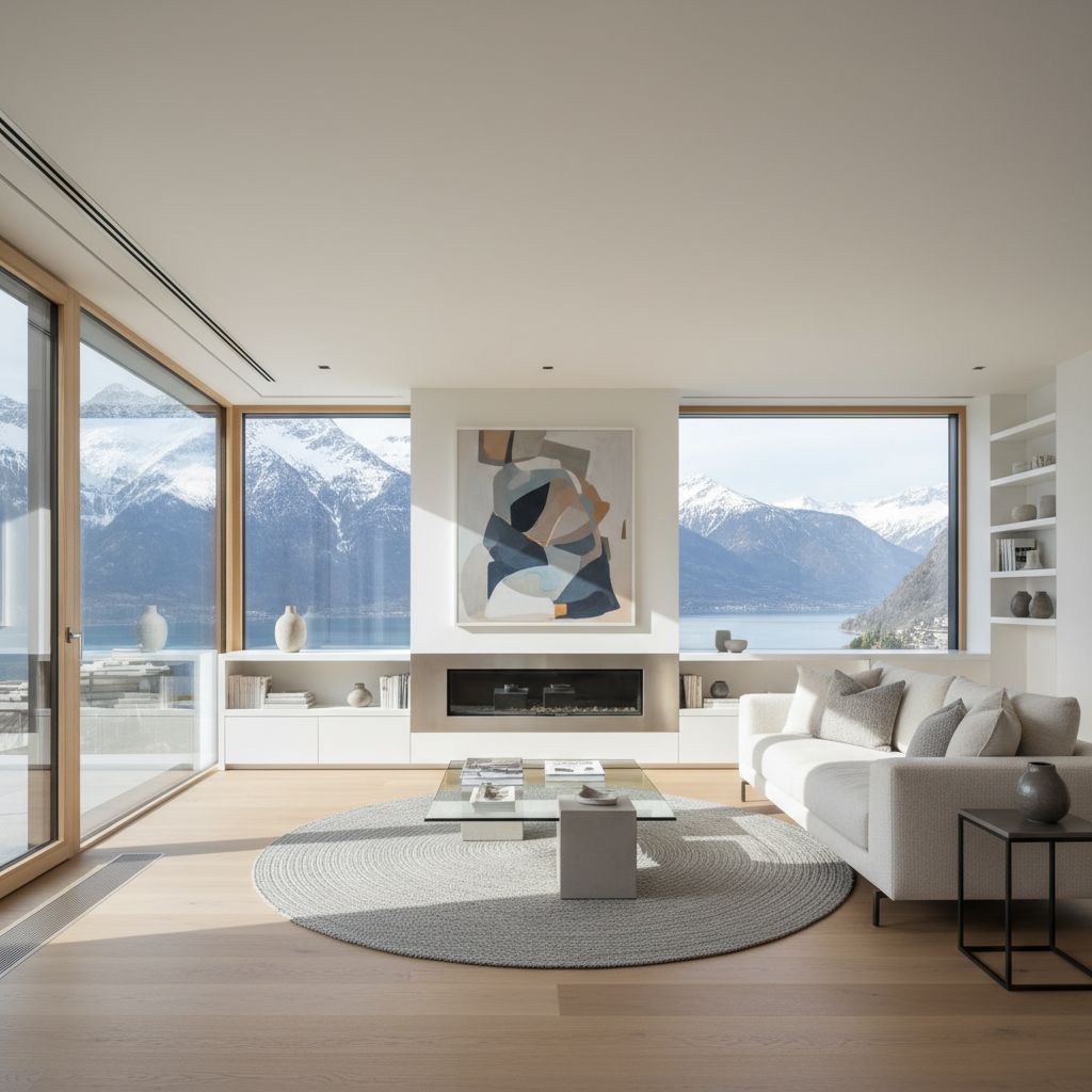 Salon moderne et lumineux d'un appartement en Suisse, photographié par un professionnel pour mettre en valeur l'espace et la lumière naturelle.