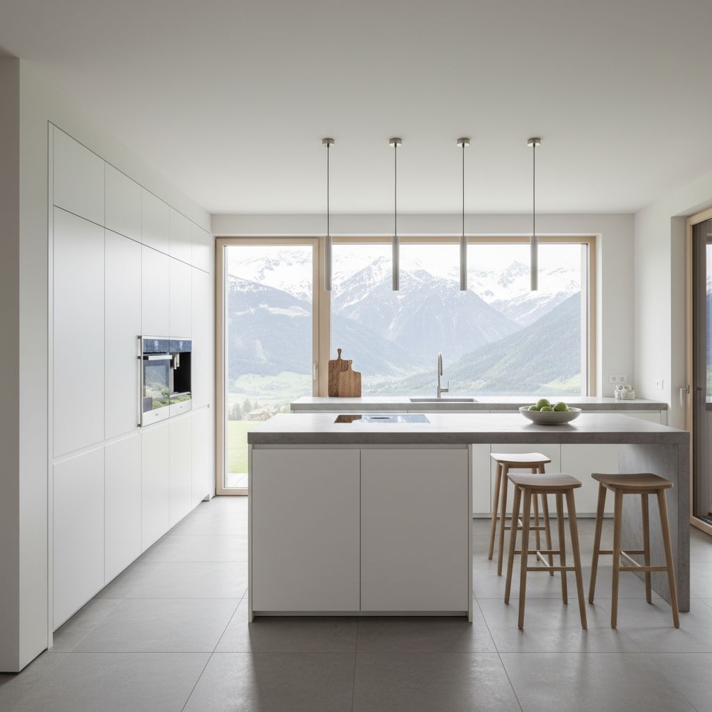 Cuisine design et épurée dans une maison suisse, la photographie professionnelle accentue la propreté, l'espace et les matériaux de qualité.