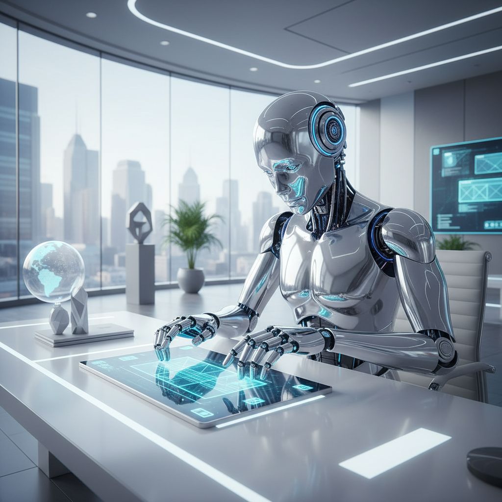 An AI robot architecturally designing a website on a glowing digital tablet, symbolizing the power of AI in web creation.