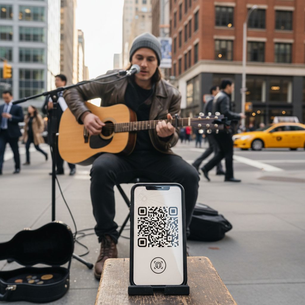 A street musician playing a guitar on a bustling city corner, with a smartphone in the foreground showing a QR code on the screen, representing the blend of live performance and digital tipping.