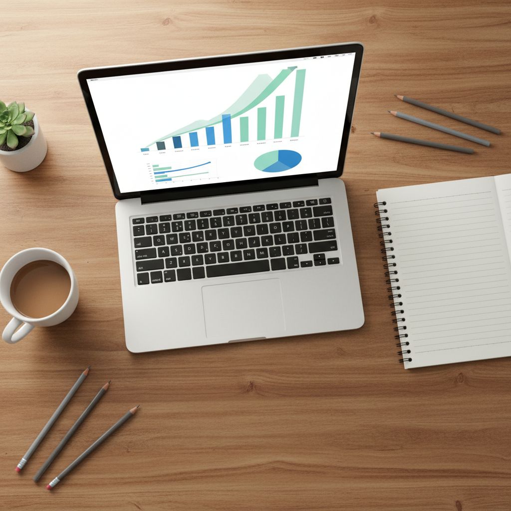 An overhead view of an artist's desk with a laptop open to an analytics dashboard showing charts and graphs, plus a notebook and coffee—it's all about the business side of being a creative.