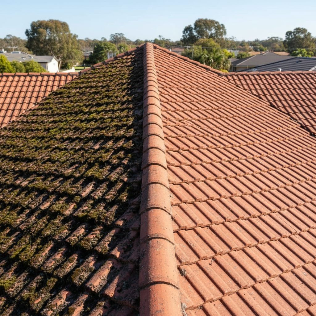 Vue d'une toiture à moitié nettoyée, montrant le contraste saisissant entre la partie sale et couverte de mousse et la partie propre et prête à être peinte.