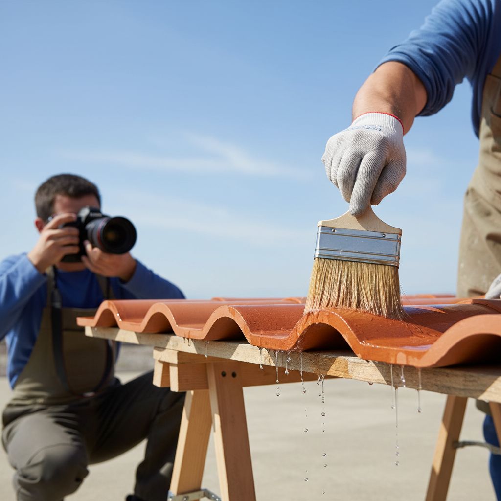 Un artisan professionnel appliquant un traitement hydrofuge sur une toiture en tuiles parfaitement propre, avec un ciel bleu en arrière-plan.
