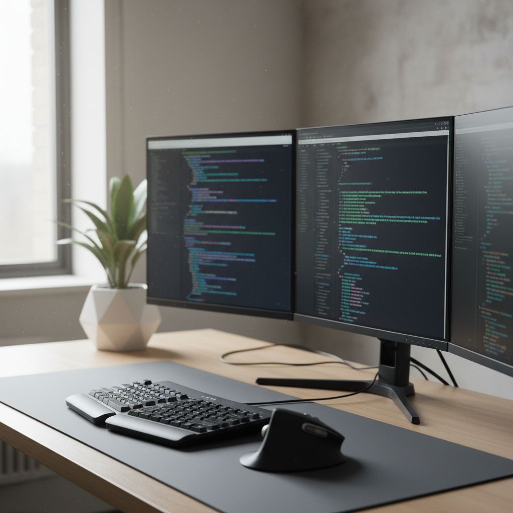 Un bureau de développeur web avec des moniteurs affichant des lignes de code, illustrant la complexité et la précision du développement technique.