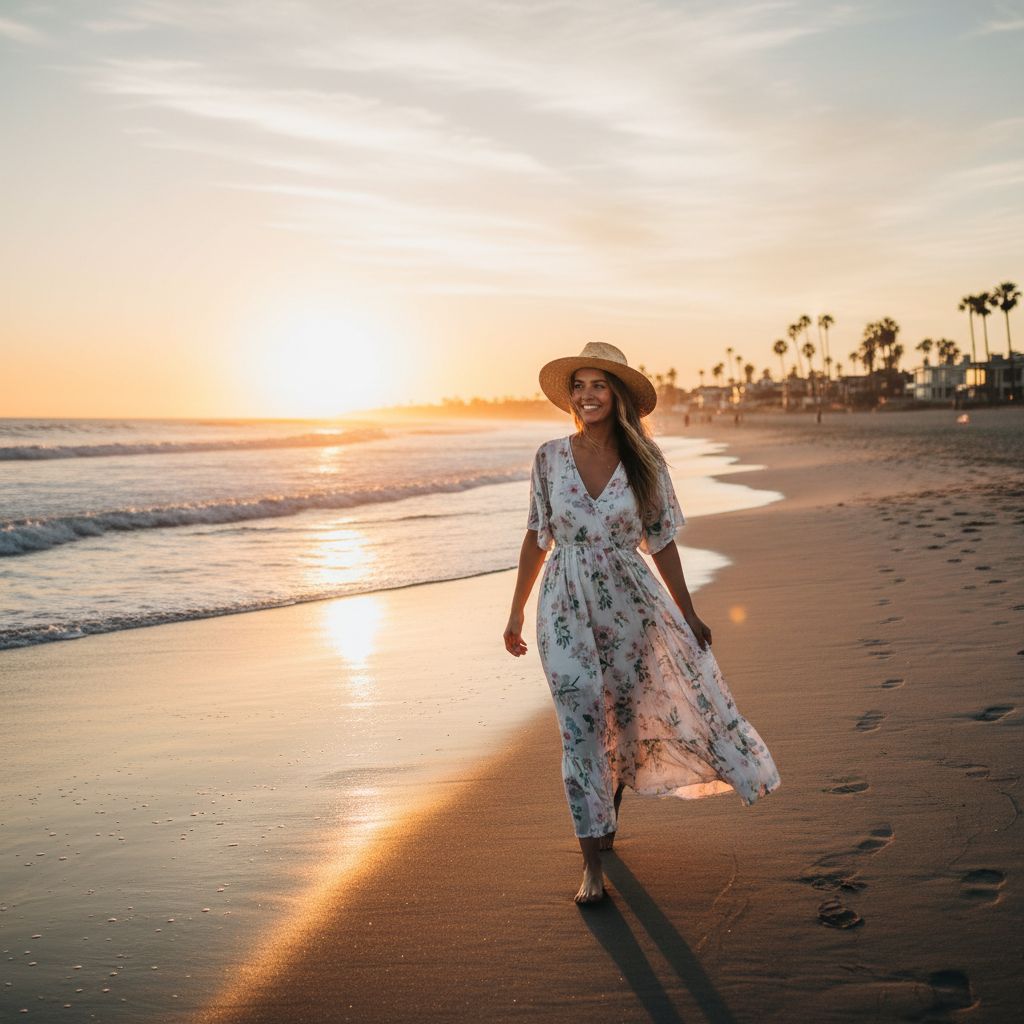 Une femme souriante portant une robe d'été fluide et un chapeau de paille, marchant le long d'une plage californienne au coucher du soleil.