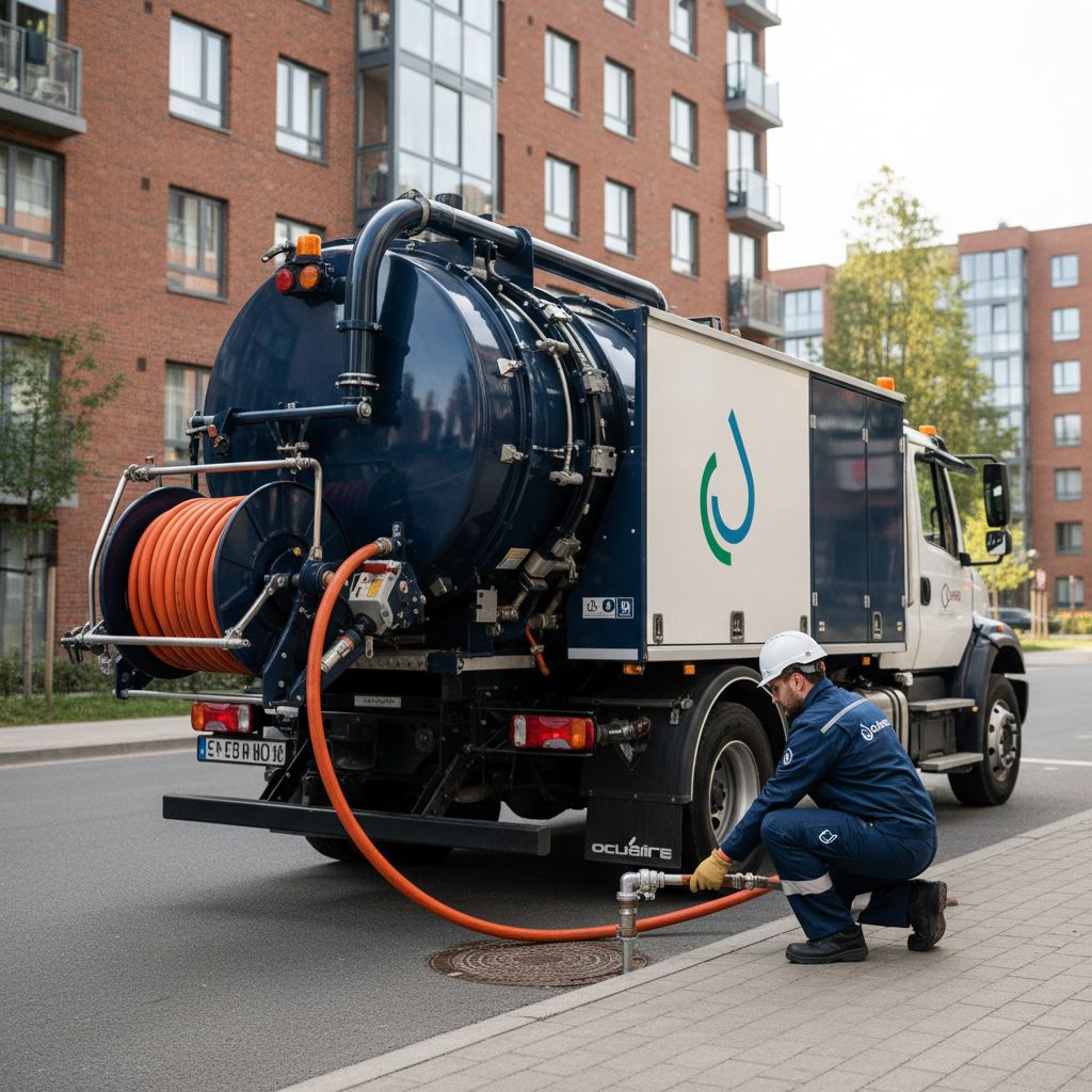 Un camion hydrocureur moderne stationné devant un immeuble résidentiel, avec un technicien préparant le tuyau haute pression pour une intervention de nettoyage de canalisation.