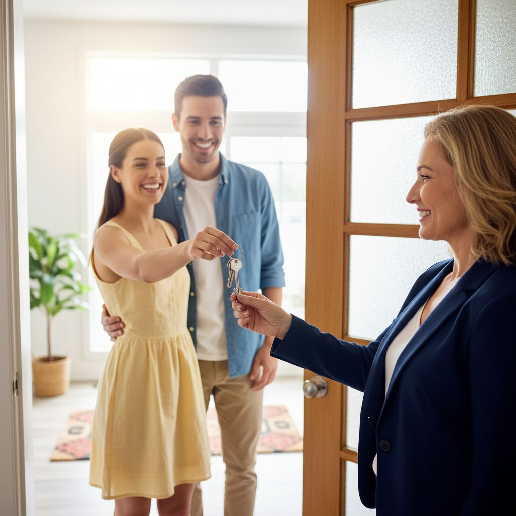 Une personne souriante remet des clés à un couple de voyageurs heureux devant la porte d